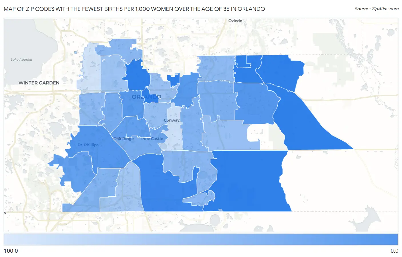 Zip Codes with the Fewest Births per 1,000 Women Over the Age of 35 in Orlando Map