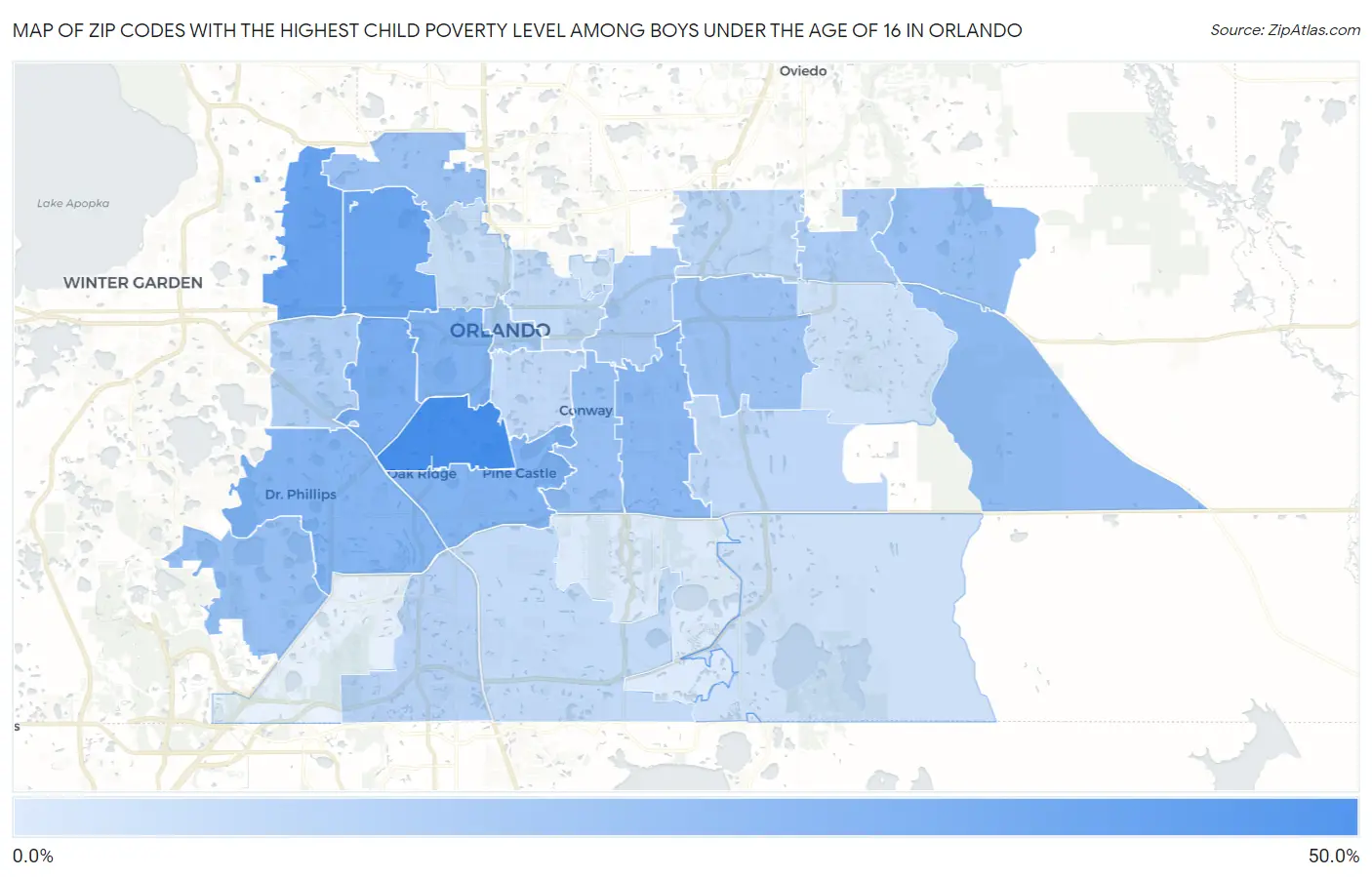 Zip Codes with the Highest Child Poverty Level Among Boys Under the Age of 16 in Orlando Map