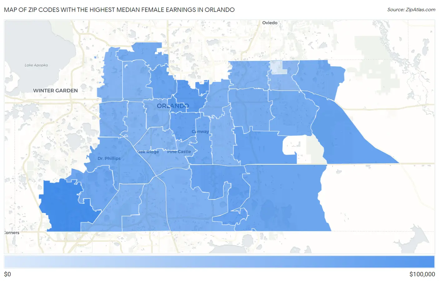 Zip Codes with the Highest Median Female Earnings in Orlando Map