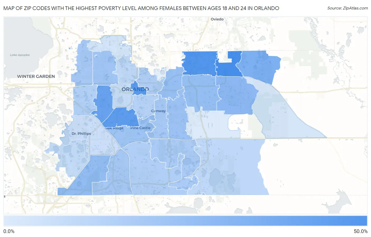 Zip Codes with the Highest Poverty Level Among Females Between Ages 18 and 24 in Orlando Map