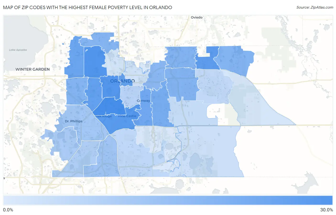 Zip Codes with the Highest Female Poverty Level in Orlando Map