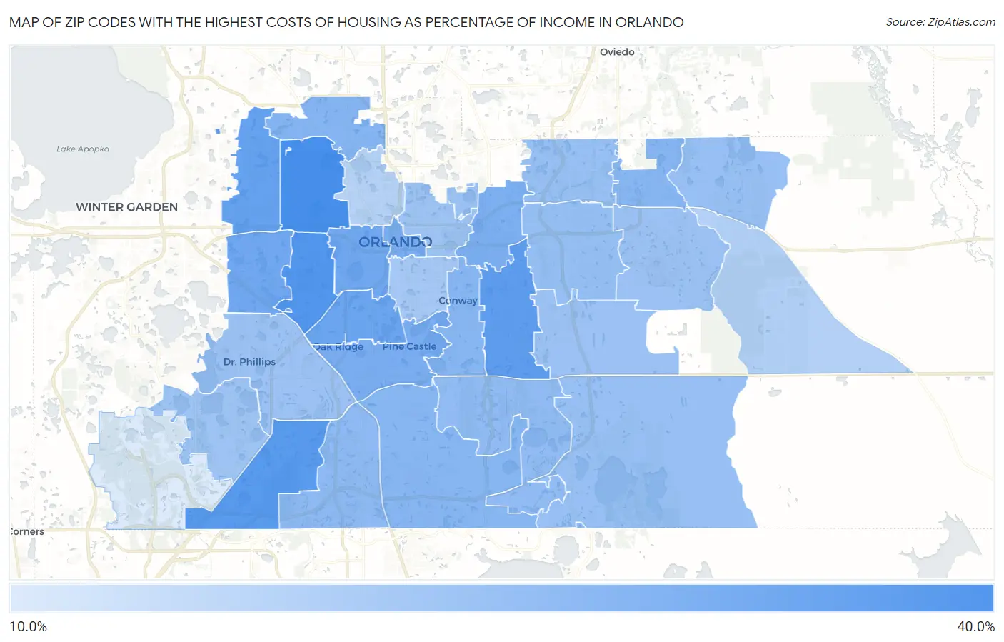 Zip Codes with the Highest Costs of Housing as Percentage of Income in Orlando Map