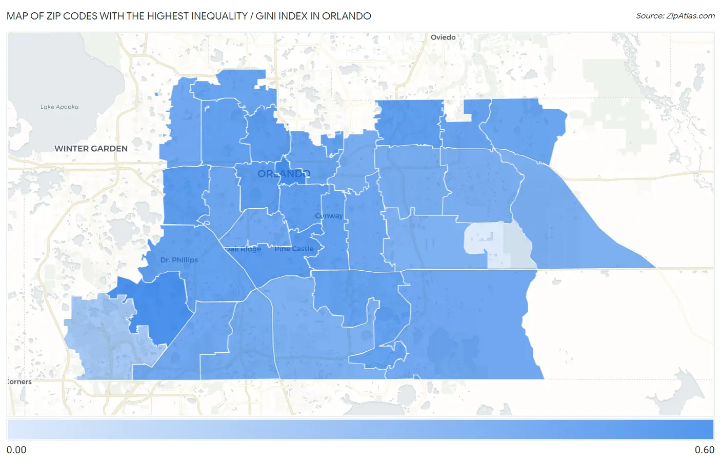 Zip Codes with the Highest Inequality / Gini Index in Orlando Map