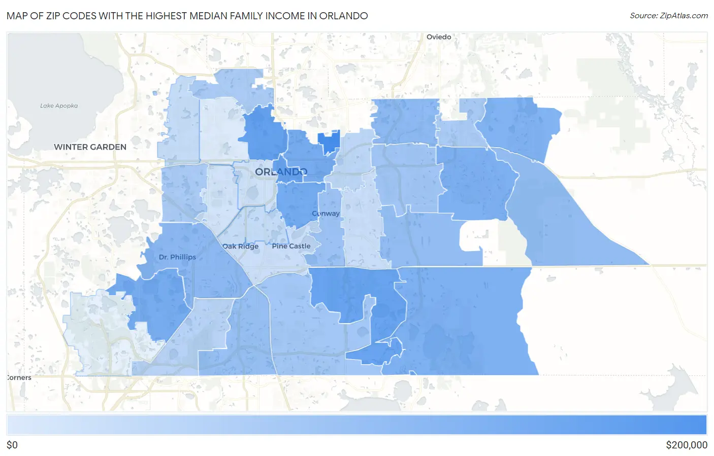 Zip Codes with the Highest Median Family Income in Orlando Map