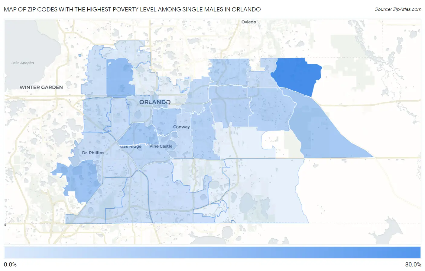 Zip Codes with the Highest Poverty Level Among Single Males in Orlando Map