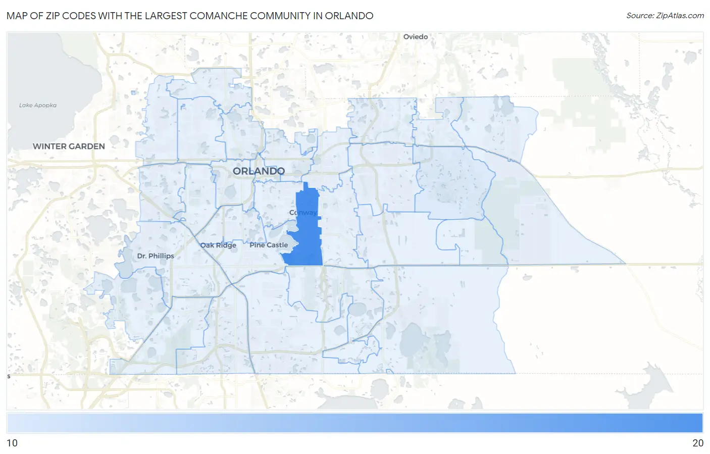 Zip Codes with the Largest Comanche Community in Orlando Map