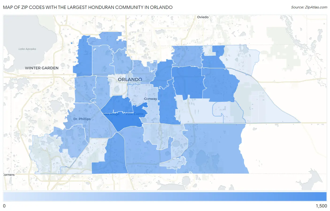 Zip Codes with the Largest Honduran Community in Orlando Map