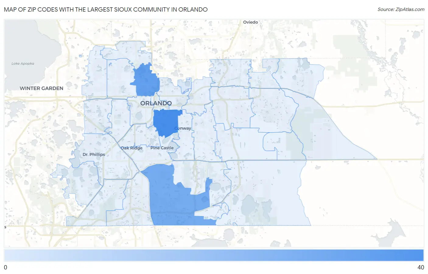 Zip Codes with the Largest Sioux Community in Orlando Map
