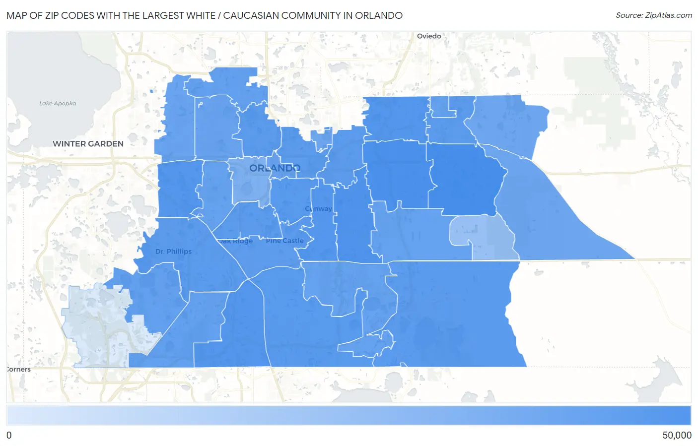 Zip Codes with the Largest White / Caucasian Community in Orlando Map