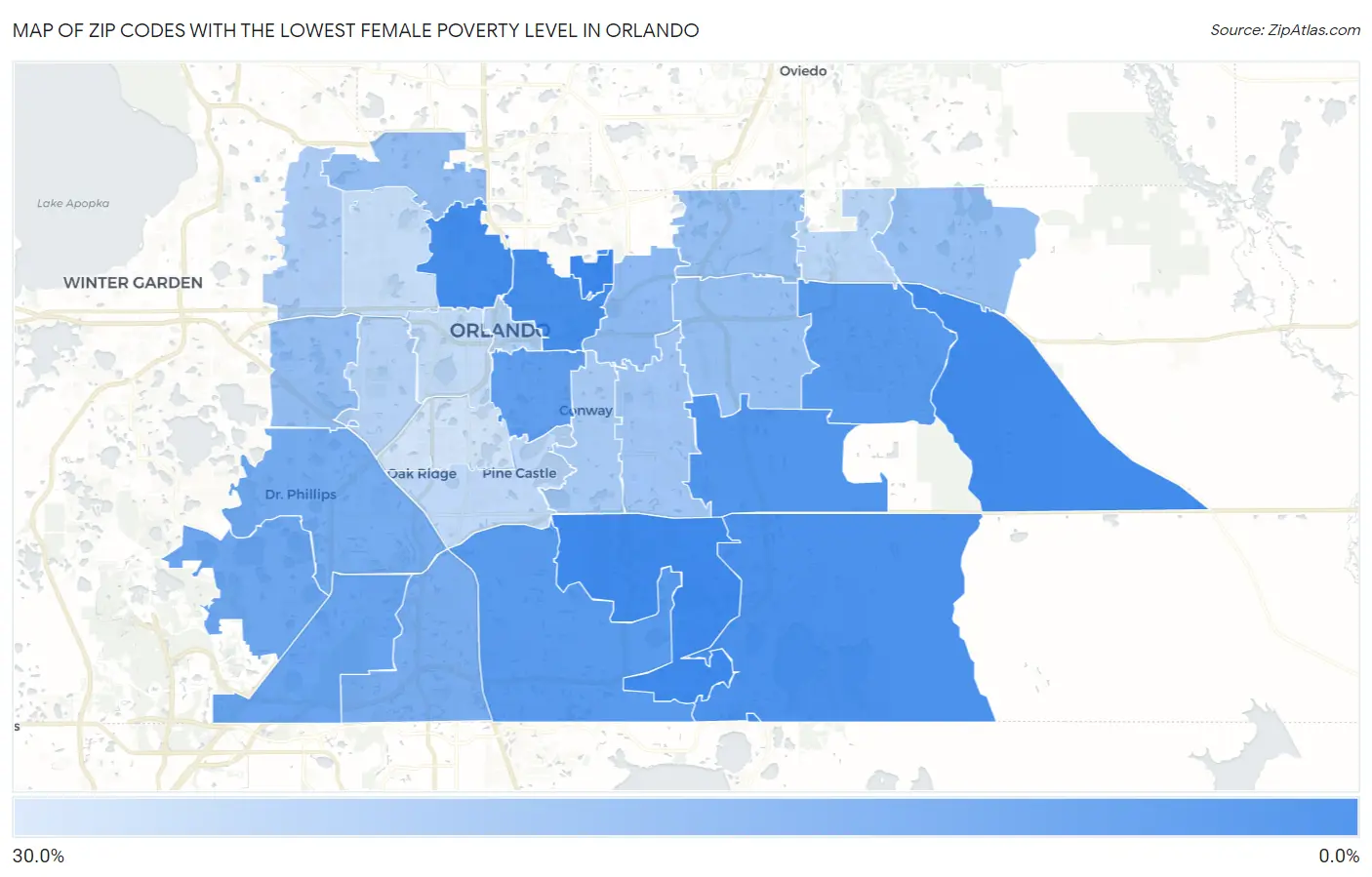 Zip Codes with the Lowest Female Poverty Level in Orlando Map