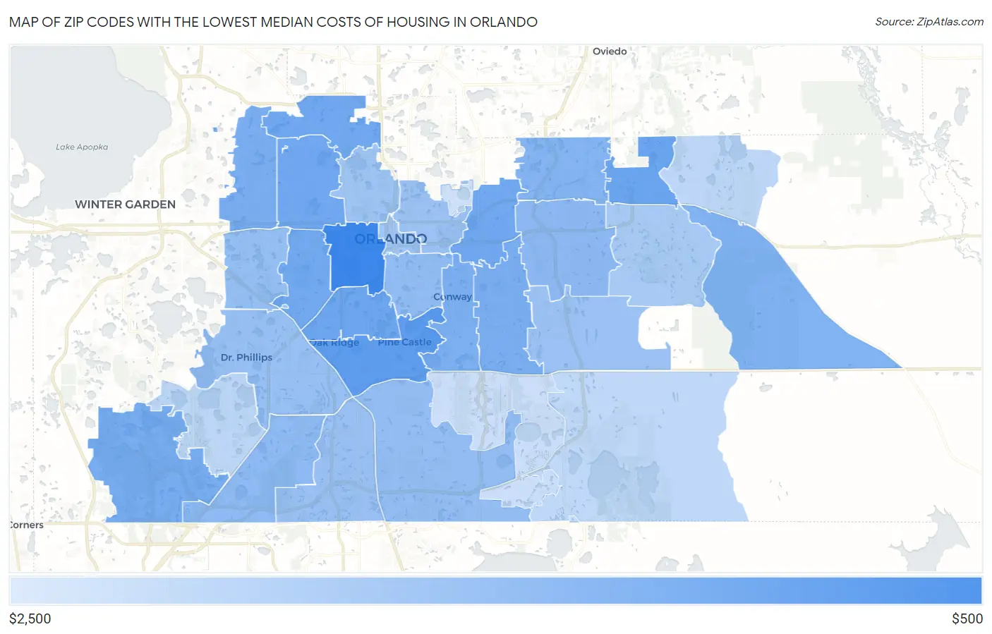 Zip Codes with the Lowest Median Costs of Housing in Orlando Map