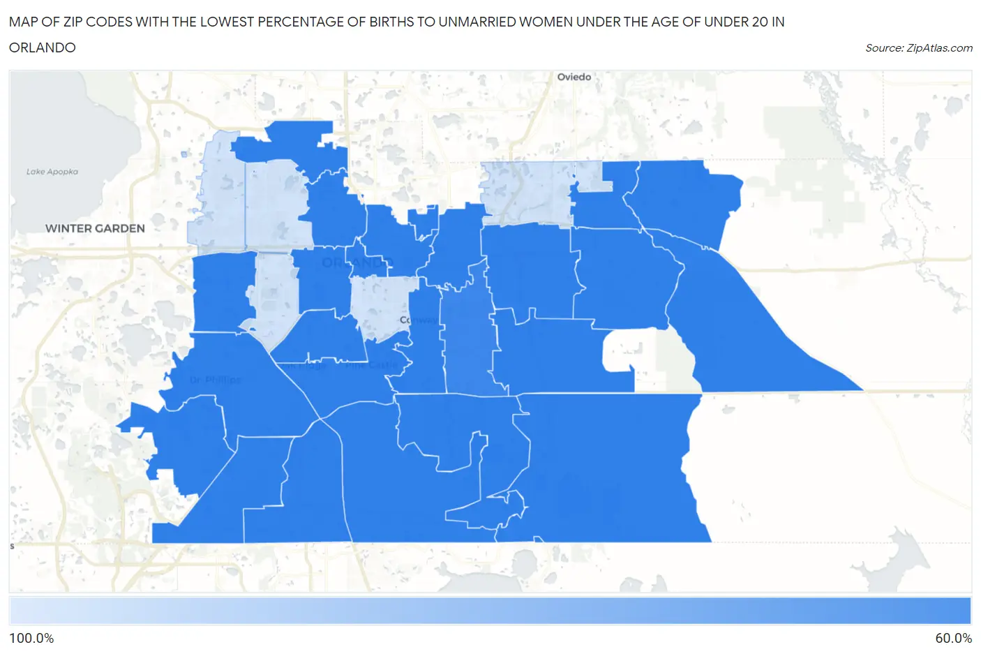 Zip Codes with the Lowest Percentage of Births to Unmarried Women under the Age of under 20 in Orlando Map