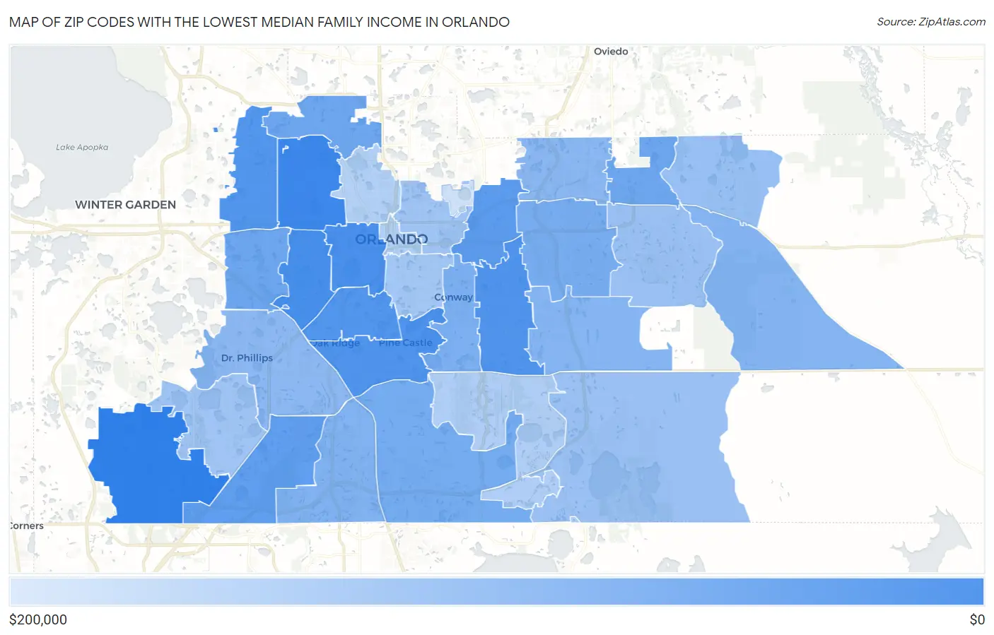 Zip Codes with the Lowest Median Family Income in Orlando Map