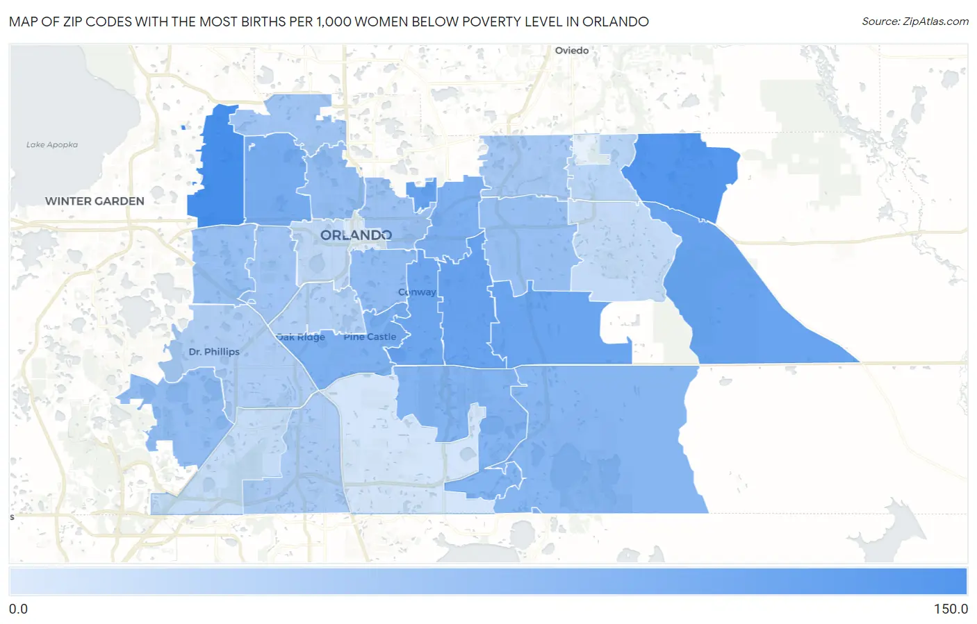 Zip Codes with the Most Births per 1,000 Women Below Poverty Level in Orlando Map