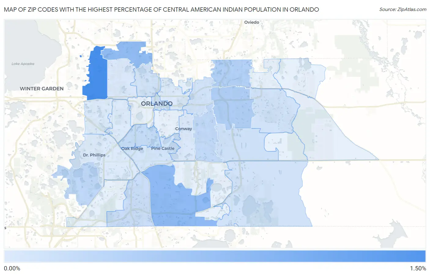 Zip Codes with the Highest Percentage of Central American Indian Population in Orlando Map