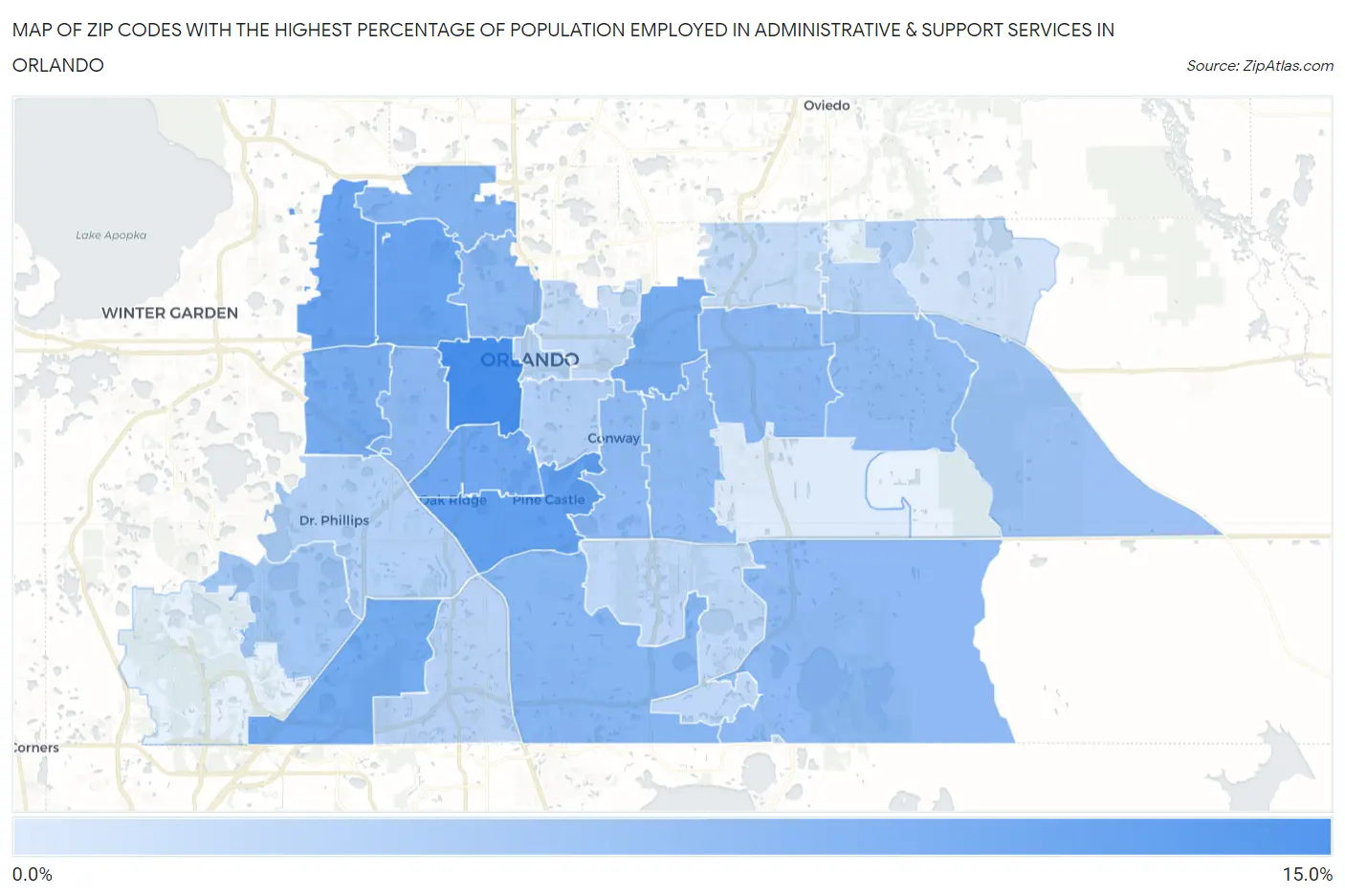 Zip Codes with the Highest Percentage of Population Employed in Administrative & Support Services in Orlando Map