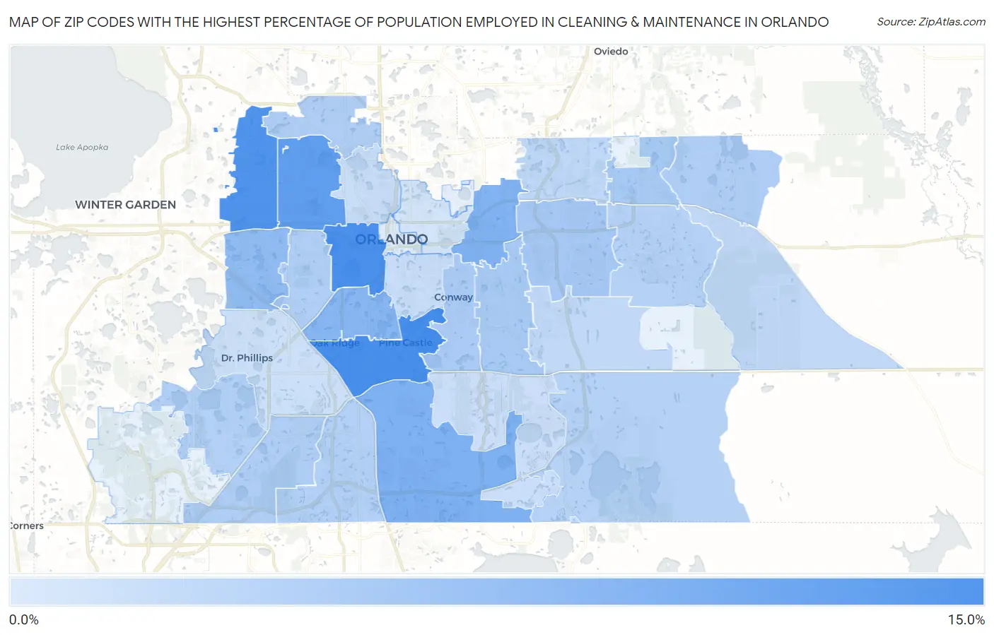 Zip Codes with the Highest Percentage of Population Employed in Cleaning & Maintenance in Orlando Map
