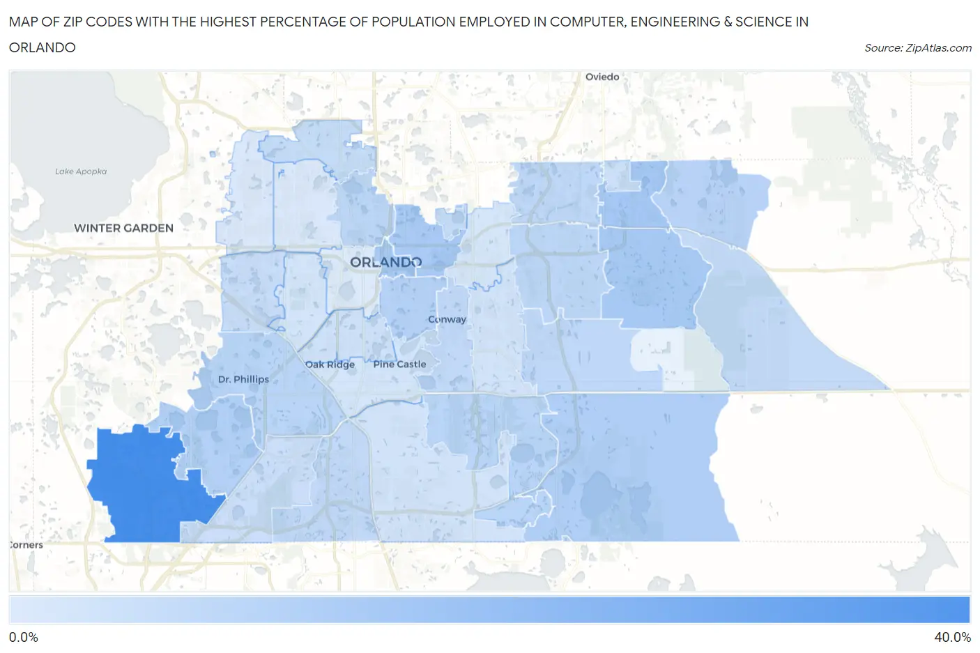 Zip Codes with the Highest Percentage of Population Employed in Computer, Engineering & Science in Orlando Map