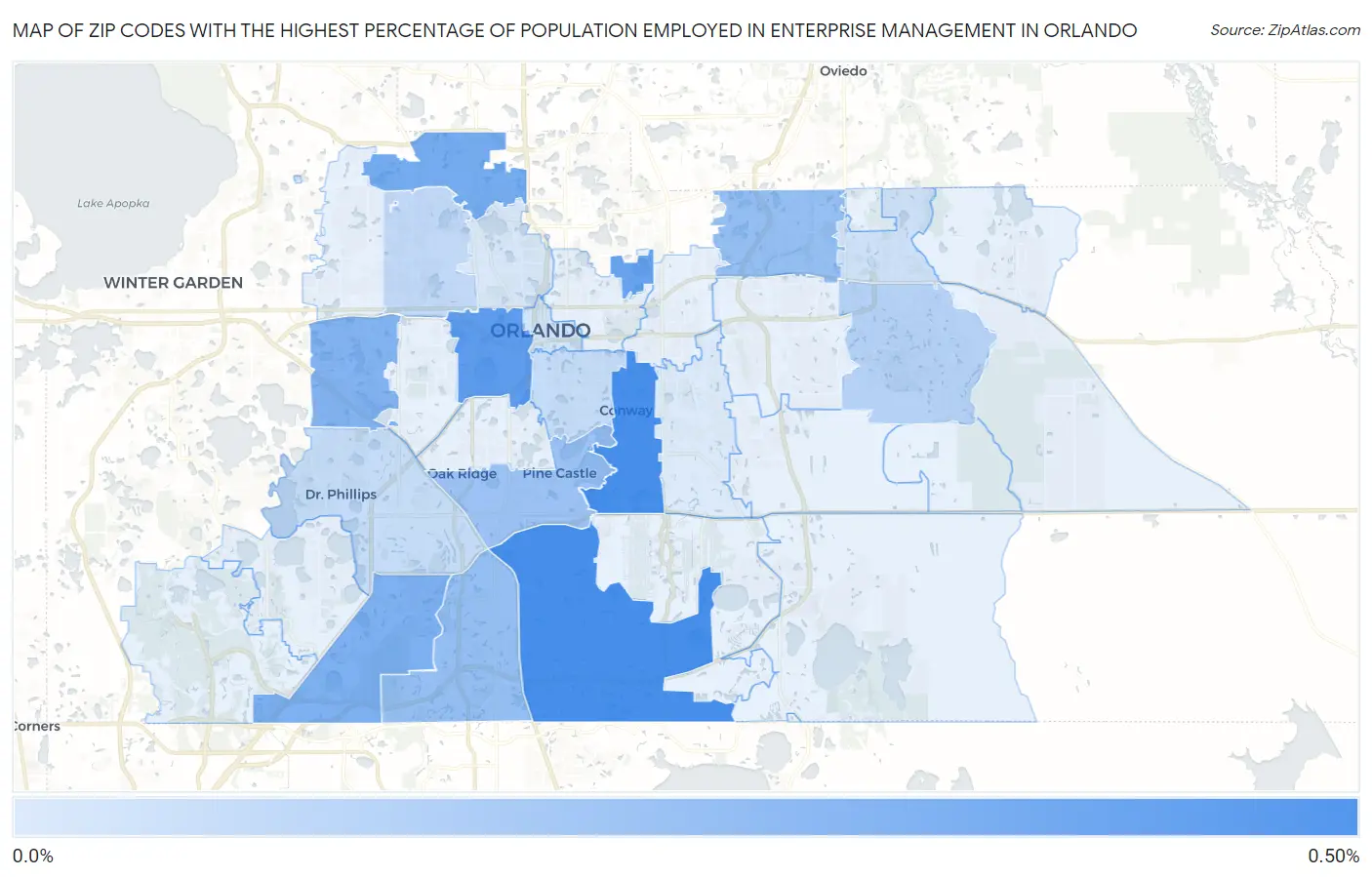 Zip Codes with the Highest Percentage of Population Employed in Enterprise Management in Orlando Map