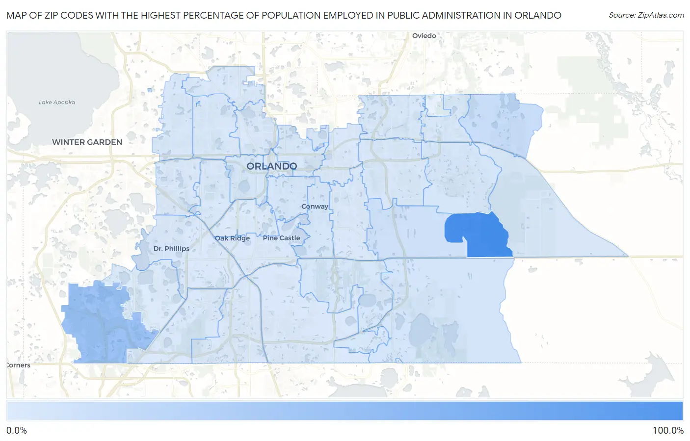 Zip Codes with the Highest Percentage of Population Employed in Public Administration in Orlando Map