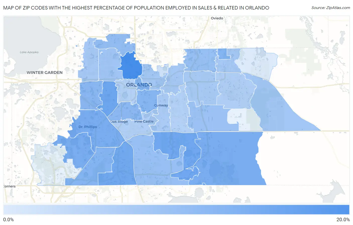 Zip Codes with the Highest Percentage of Population Employed in Sales & Related in Orlando Map