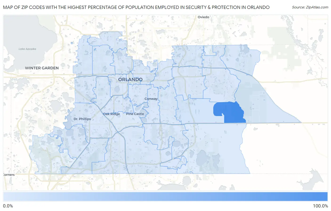 Zip Codes with the Highest Percentage of Population Employed in Security & Protection in Orlando Map