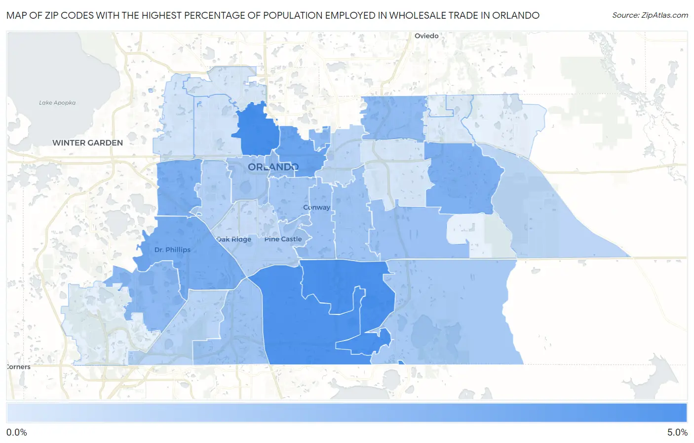Zip Codes with the Highest Percentage of Population Employed in Wholesale Trade in Orlando Map