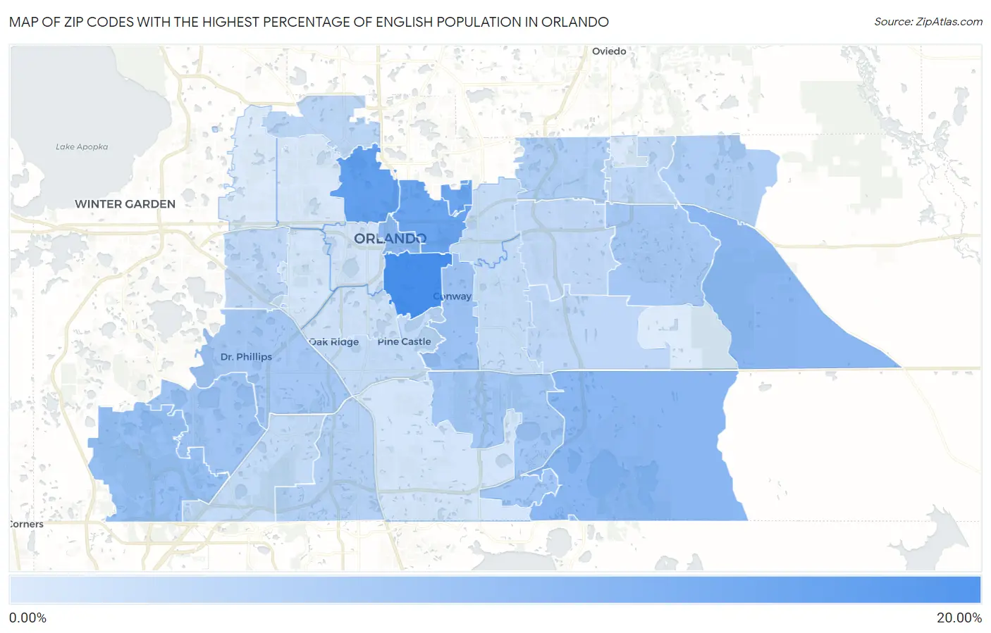 Zip Codes with the Highest Percentage of English Population in Orlando Map