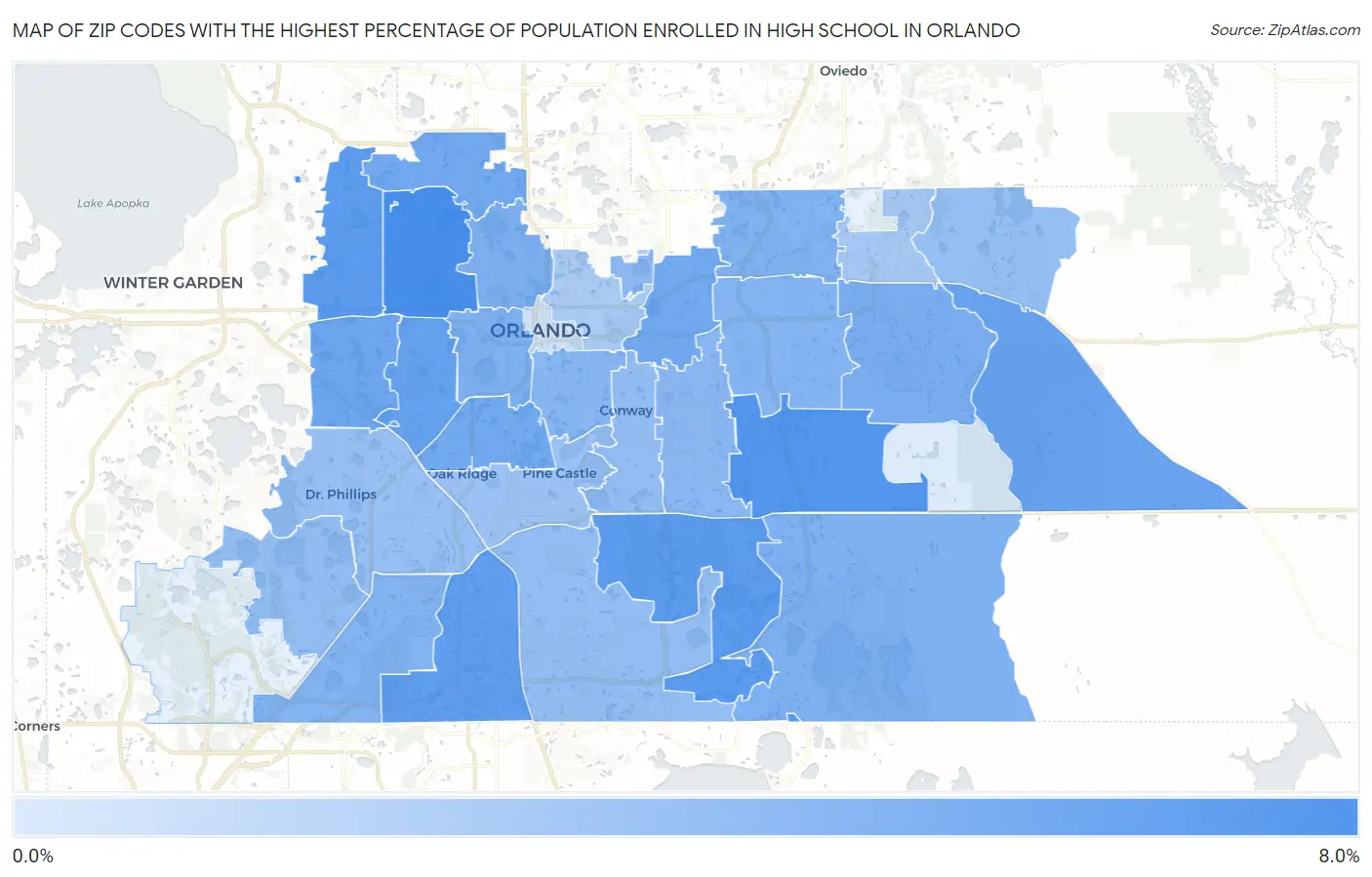 Zip Codes with the Highest Percentage of Population Enrolled in High School in Orlando Map