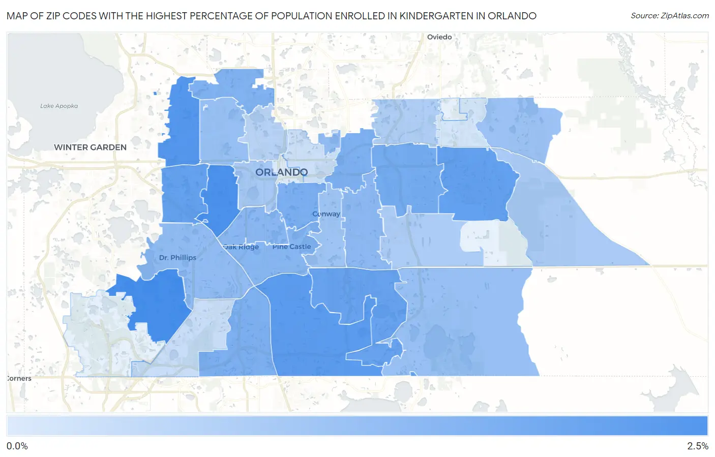 Zip Codes with the Highest Percentage of Population Enrolled in Kindergarten in Orlando Map