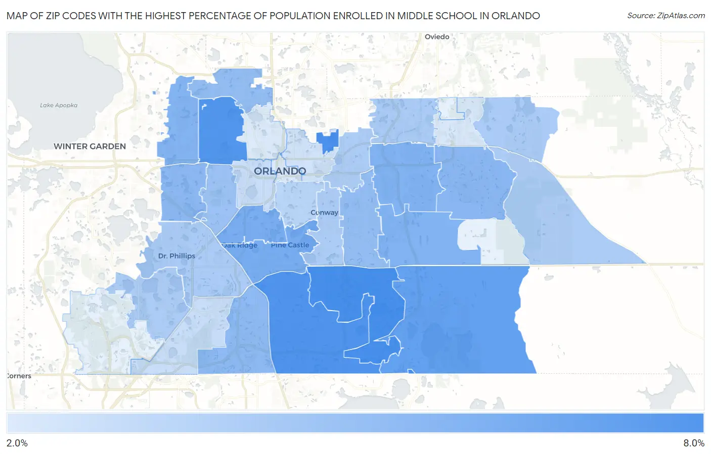 Zip Codes with the Highest Percentage of Population Enrolled in Middle School in Orlando Map