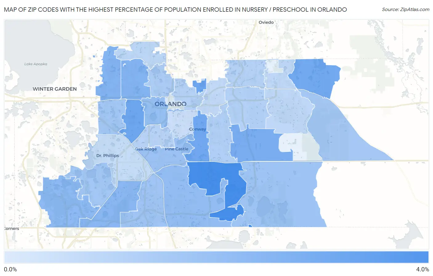 Zip Codes with the Highest Percentage of Population Enrolled in Nursery / Preschool in Orlando Map