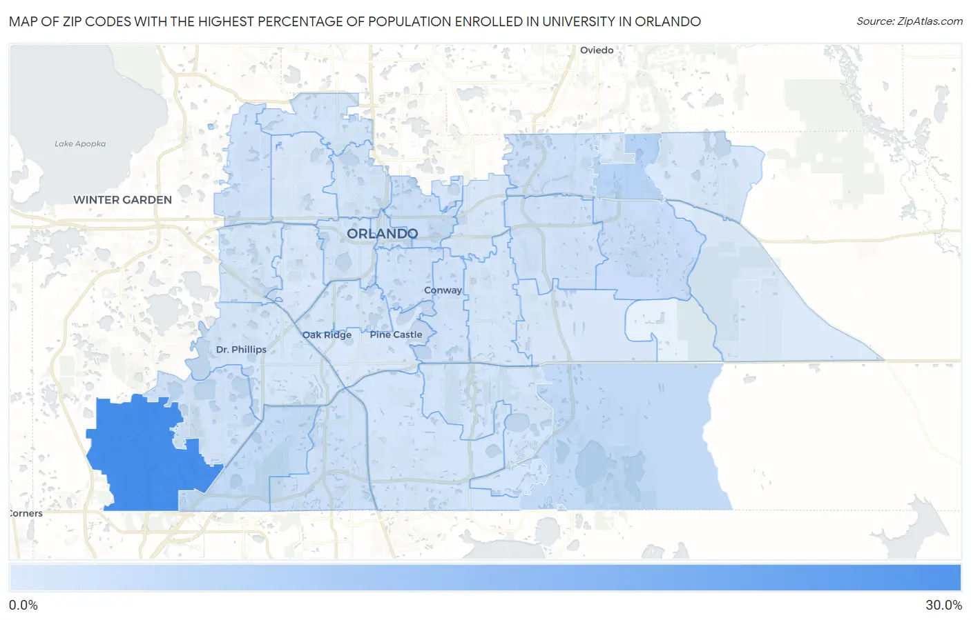 Zip Codes with the Highest Percentage of Population Enrolled in University in Orlando Map