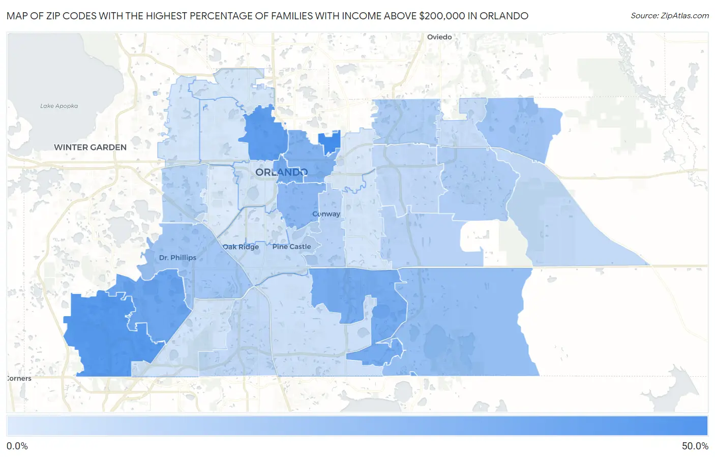 Zip Codes with the Highest Percentage of Families with Income Above $200,000 in Orlando Map