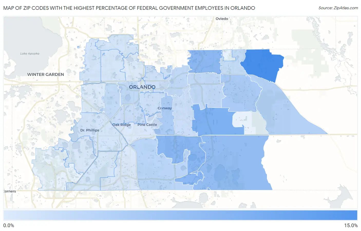 Zip Codes with the Highest Percentage of Federal Government Employees in Orlando Map