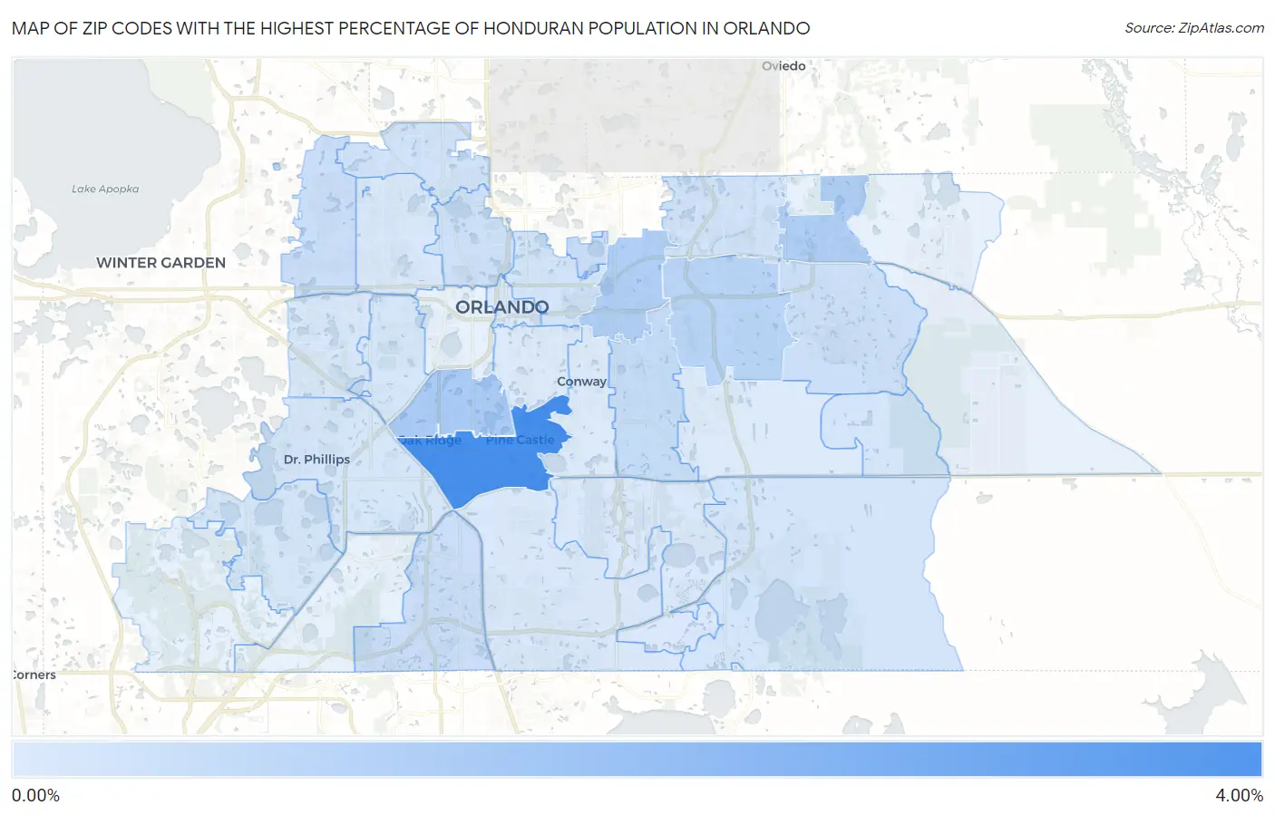 Zip Codes with the Highest Percentage of Honduran Population in Orlando Map