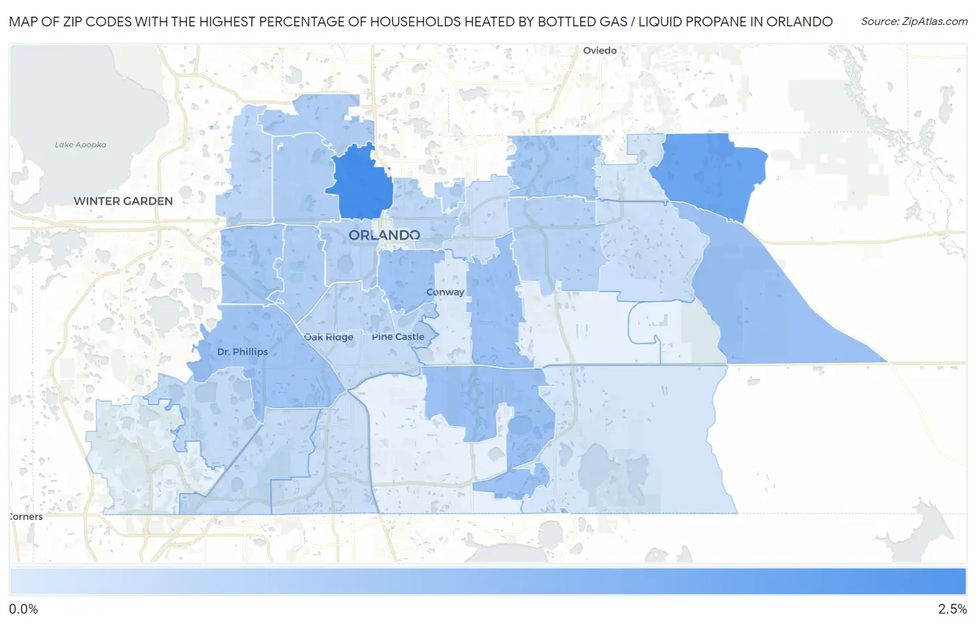 Zip Codes with the Highest Percentage of Households Heated by Bottled Gas / Liquid Propane in Orlando Map