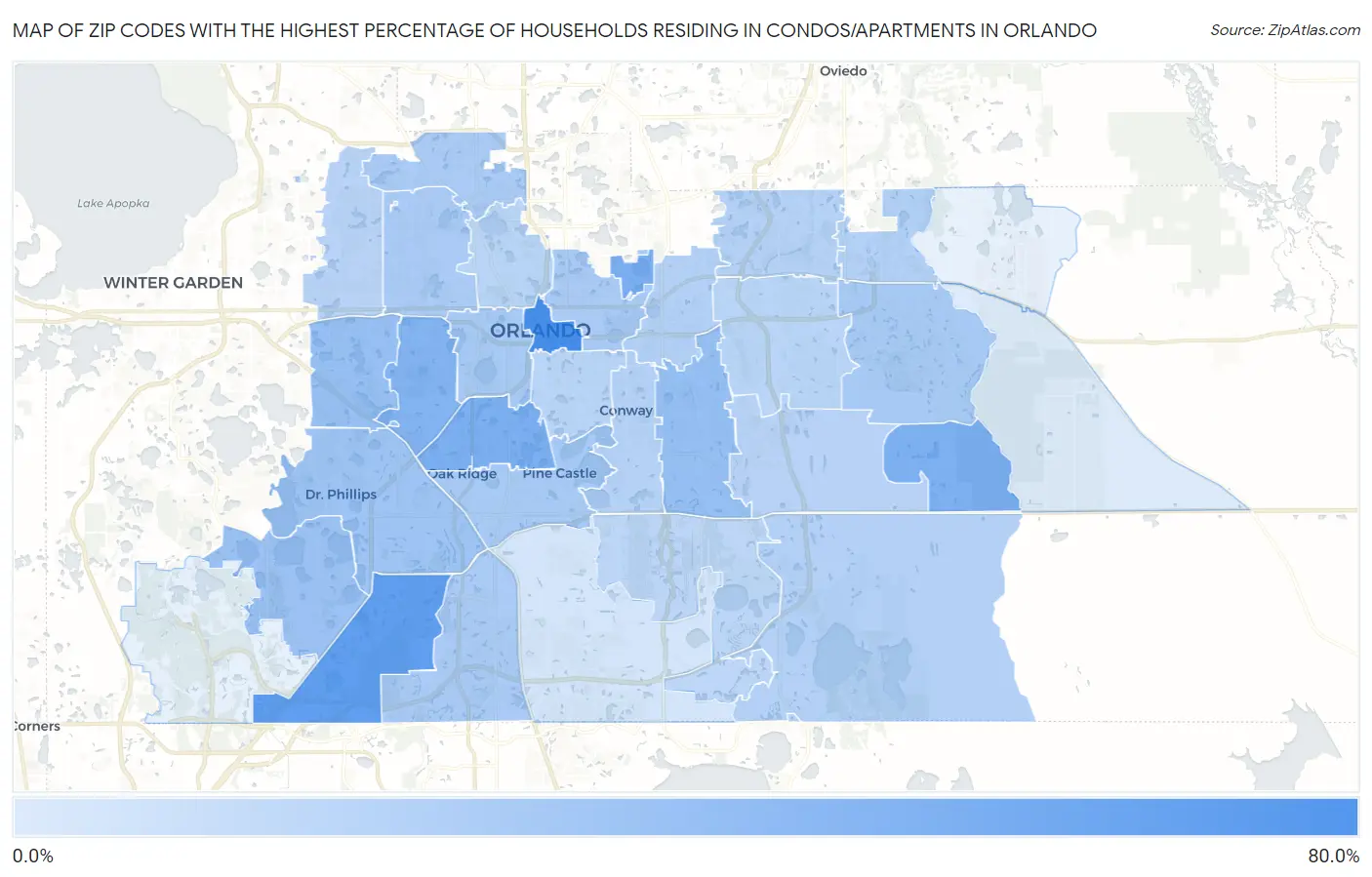 Zip Codes with the Highest Percentage of Households Residing in Condos/Apartments in Orlando Map