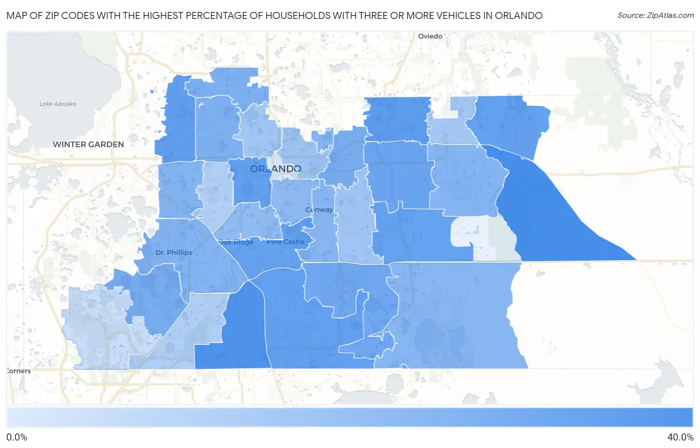 Zip Codes with the Highest Percentage of Households With Three or more Vehicles in Orlando Map