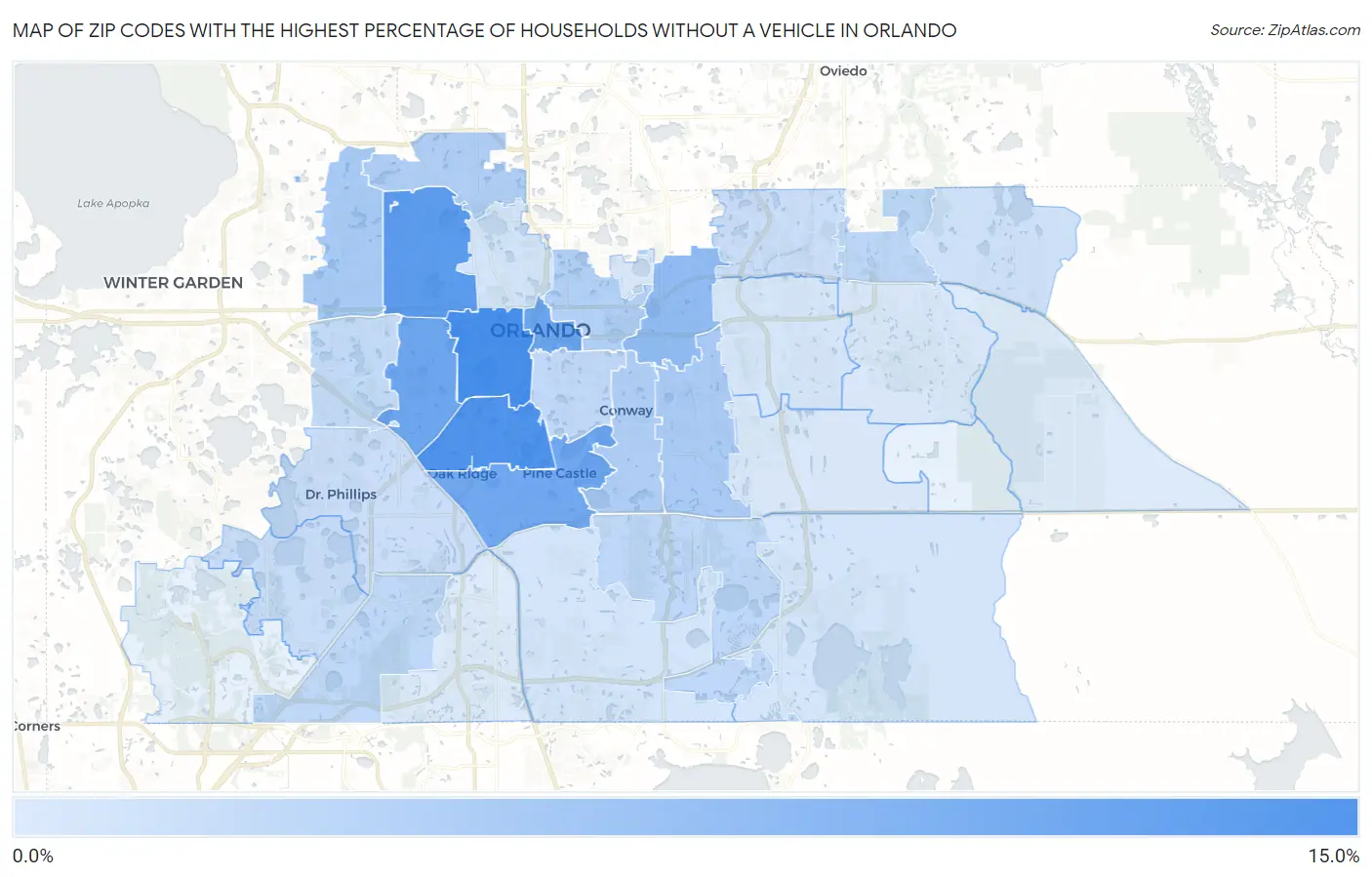 Zip Codes with the Highest Percentage of Households Without a Vehicle in Orlando Map