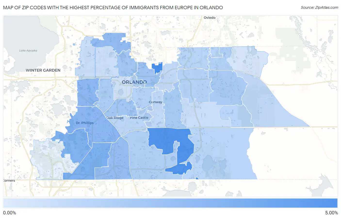 Zip Codes with the Highest Percentage of Immigrants from Europe in Orlando Map