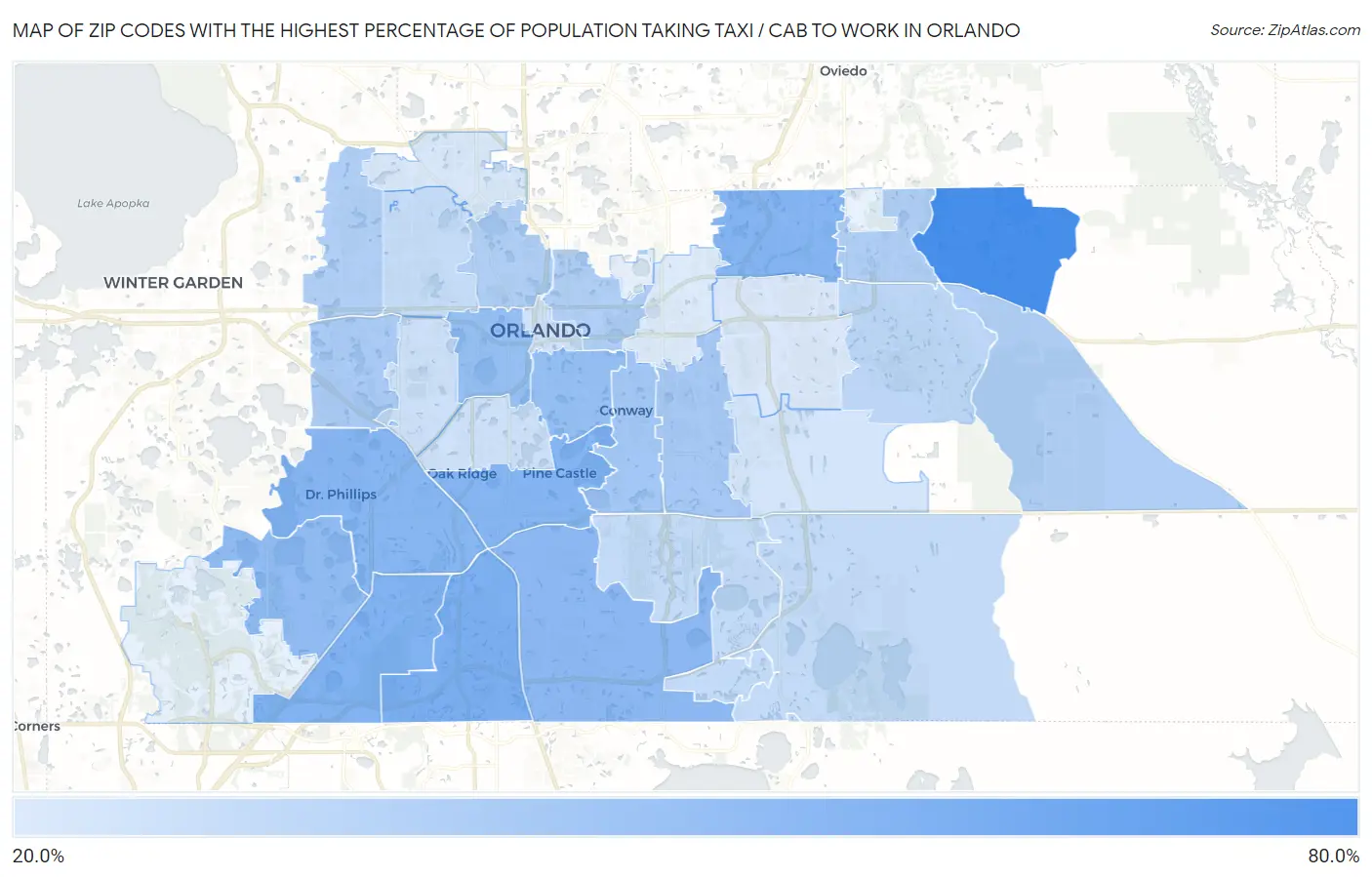 Zip Codes with the Highest Percentage of Population Taking Taxi / Cab to Work in Orlando Map