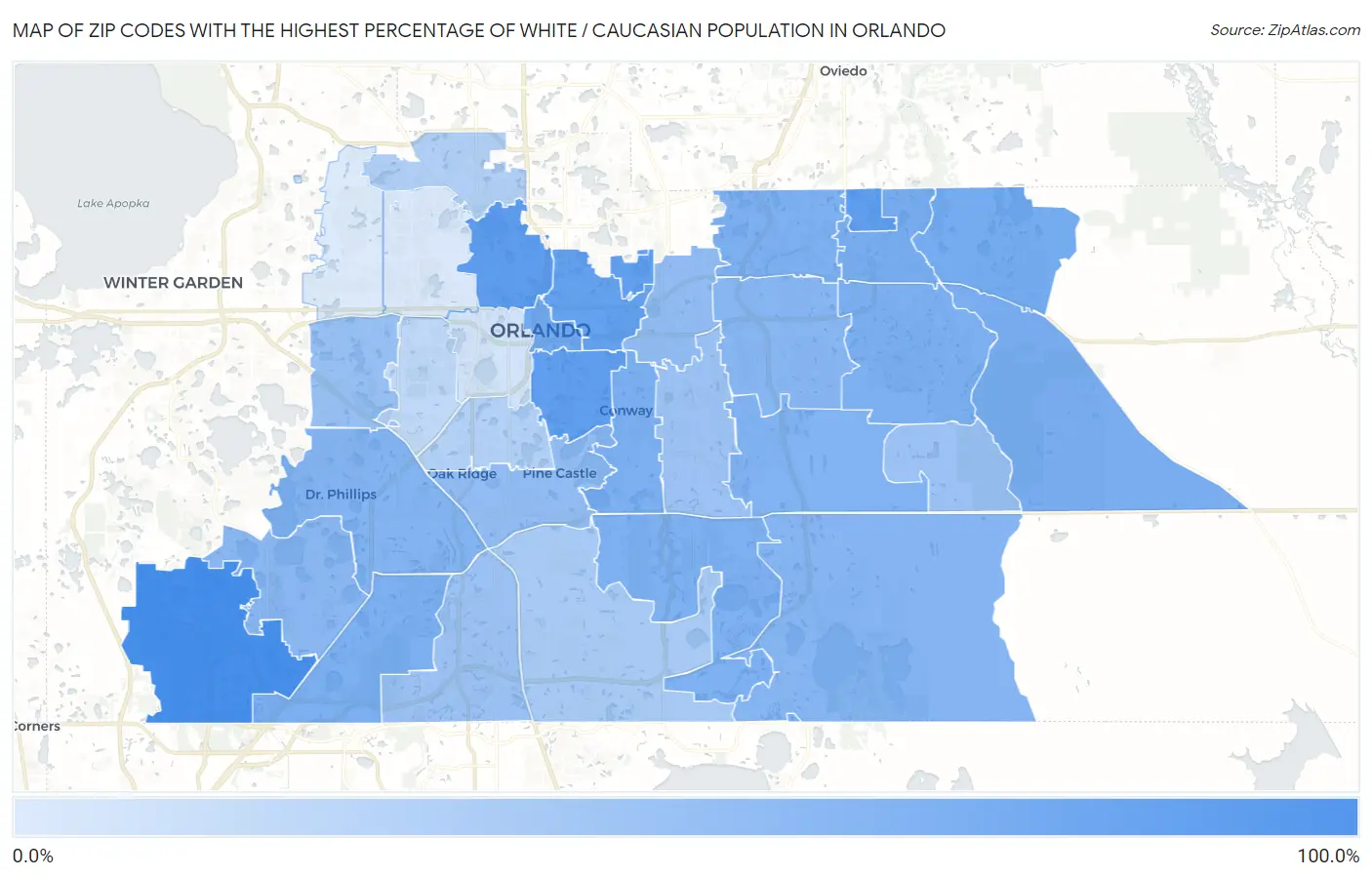 Zip Codes with the Highest Percentage of White / Caucasian Population in Orlando Map