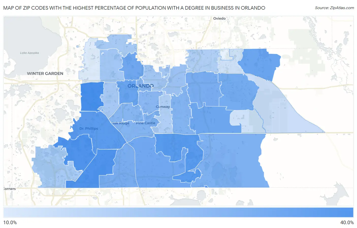 Zip Codes with the Highest Percentage of Population with a Degree in Business in Orlando Map