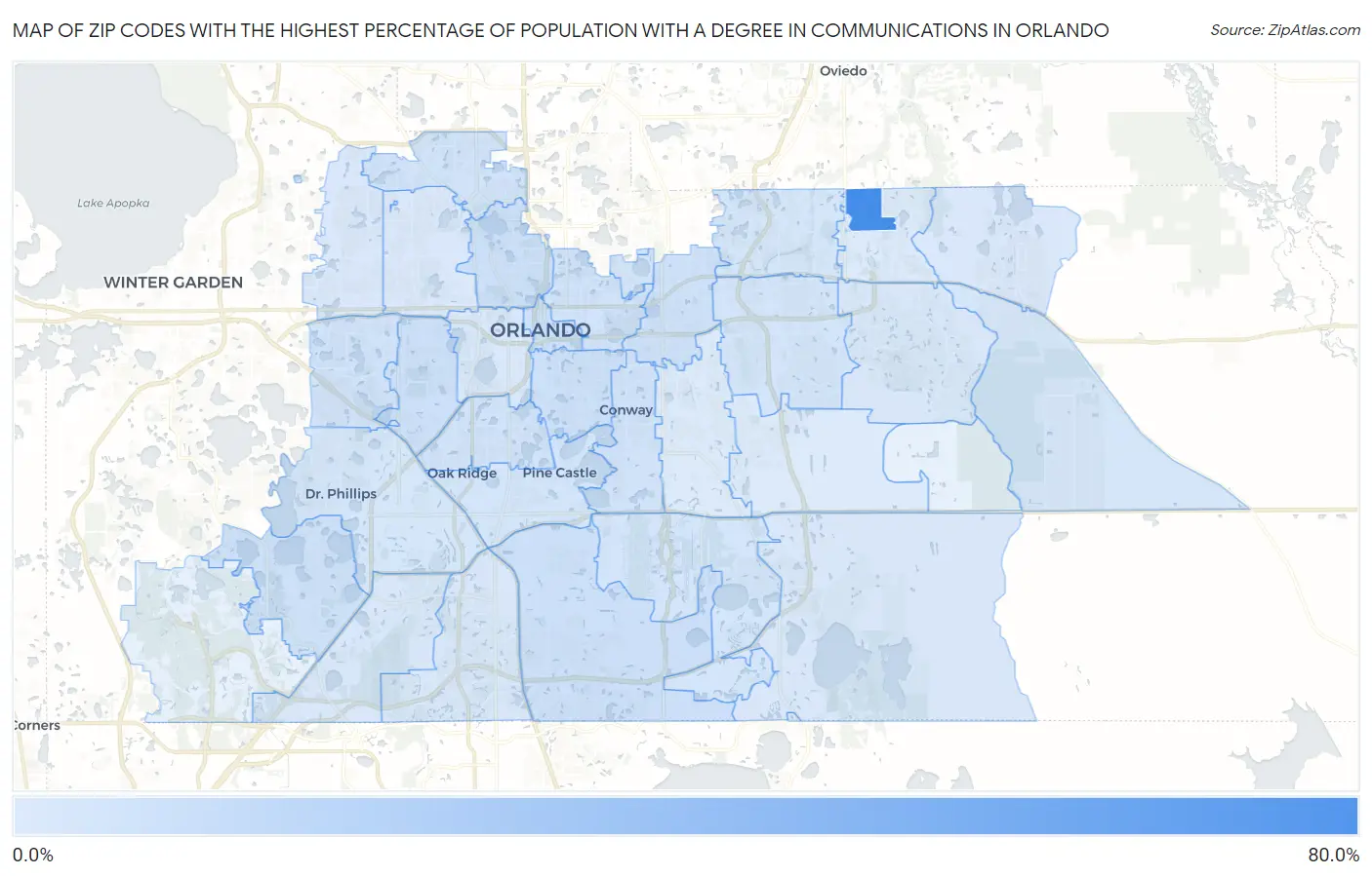 Zip Codes with the Highest Percentage of Population with a Degree in Communications in Orlando Map
