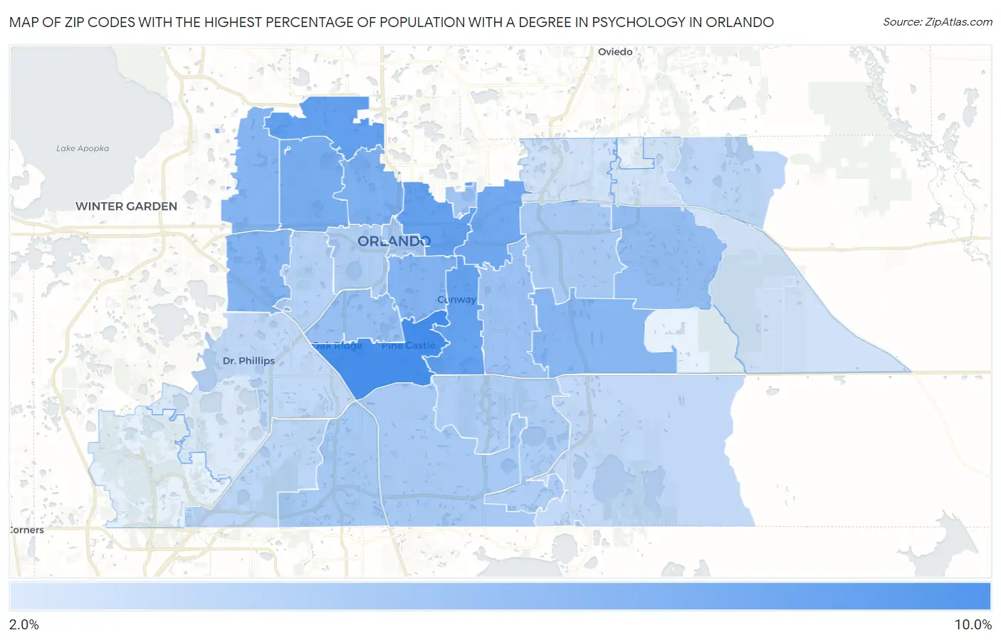 Zip Codes with the Highest Percentage of Population with a Degree in Psychology in Orlando Map