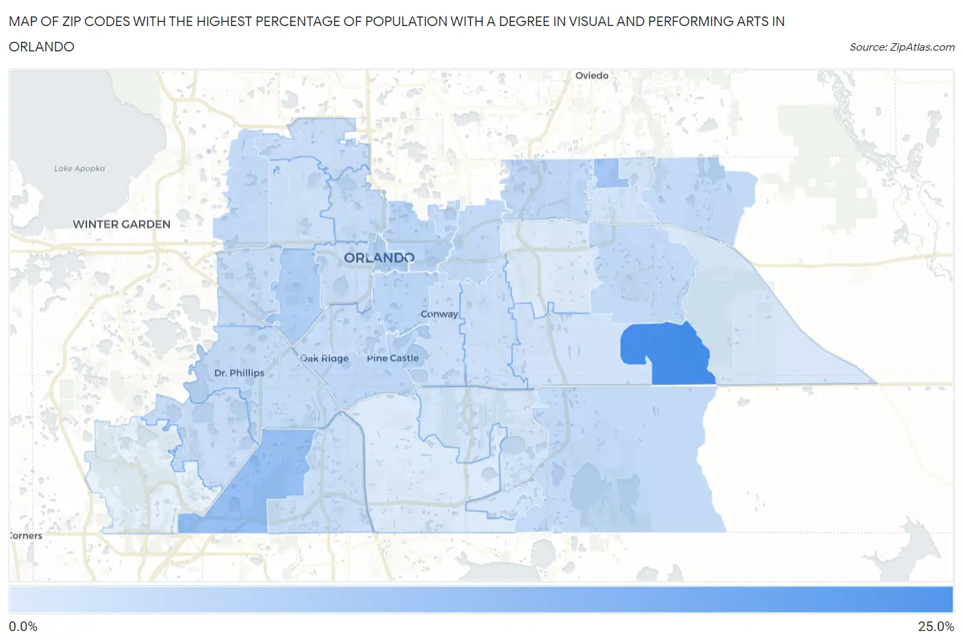 Zip Codes with the Highest Percentage of Population with a Degree in Visual and Performing Arts in Orlando Map
