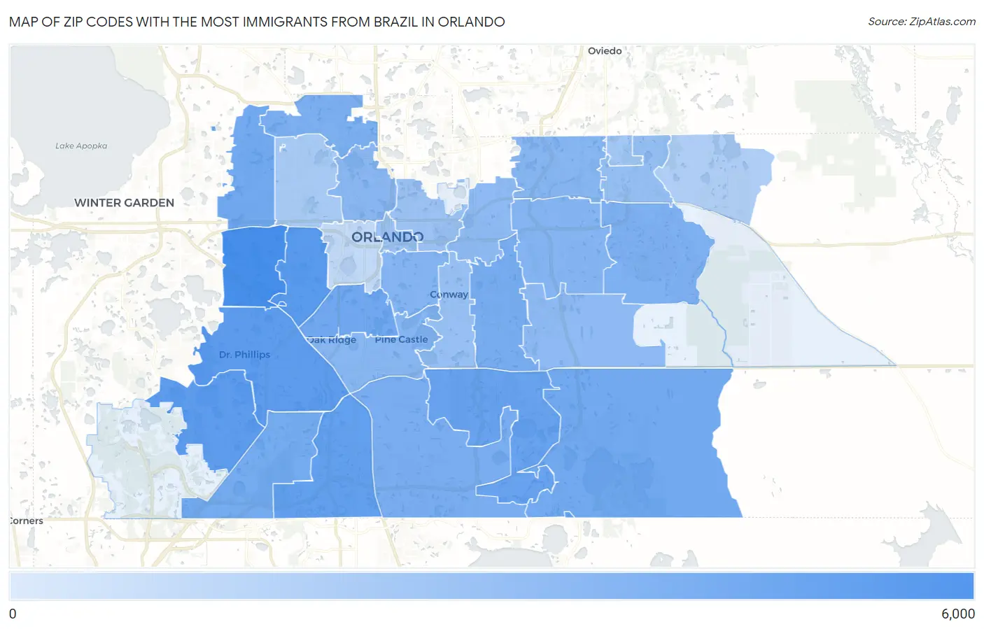 Zip Codes with the Most Immigrants from Brazil in Orlando Map