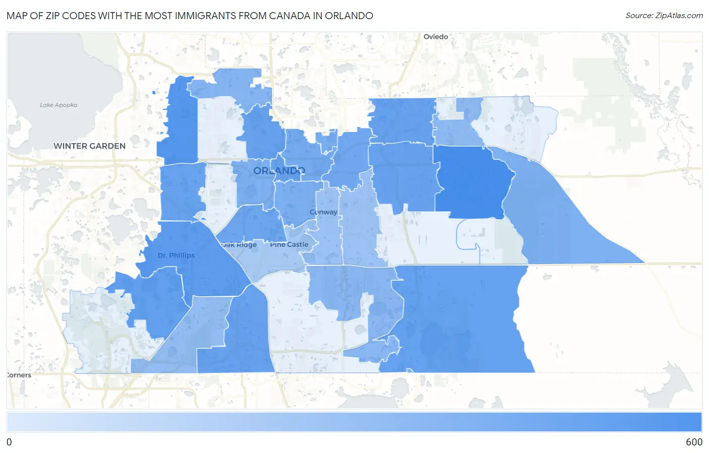 Zip Codes with the Most Immigrants from Canada in Orlando Map