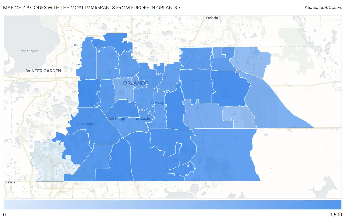 Zip Codes with the Most Immigrants from Europe in Orlando Map